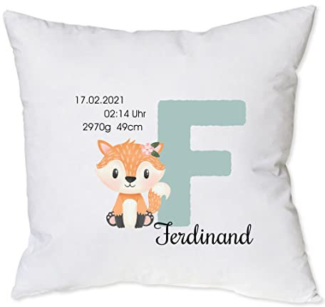minimutz Kissen zur Geburt mit Namen personalisiert | Buchstabe mit Tiermotiv Boho inkl. Geburtsdaten 40 x 40 cm | Geschenk Geburt Taufe Deko-Kissen für BabyZimmer seegrün Kissenbezug