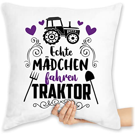 Shirtracer Kissen 40 x 40 cm - Deko Hobby - Echte Mädchen Fahren Traktor - schwarz - 40 x 40 cm - Weiß - trecker zierkissen