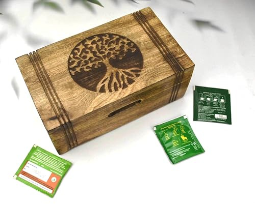 Boîte à thé en bois India House - Boîte à thé pour sachets de thé - Coffre à thé en bois dur gravé avec 6 compartiments - Boîte de rangement multifonction - 25,4 x 15,2 x 10 cm