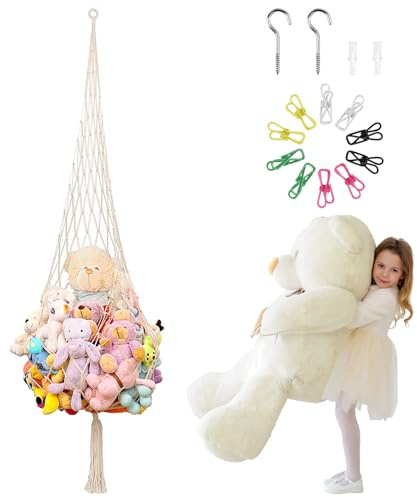 Großes Kuscheltier Aufbewahrung Netz, Makramee Hängematte für Kuscheltiere | Hängend Stofftier Netz, Eckspielzeug-Organizer für Kinderzimmer | Einfach zu Hängen | mit Haken & Wäscheklammern