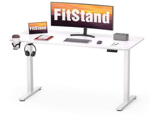 FitStand 110x60cm höhenverstellbarer Schreibtisch GESAMTE TISCHPLATTE Electric Lift Desk mit Tischplatte Stehpult Lift Computertisch mit Haken Memory-Funktion für Büro und Zuhause - Weiß