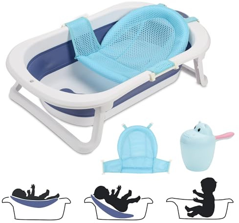Daromigo Bañera plegable para bebé, bañera para bebés con termómetro, alfombrilla de baño, pala de agua, recién nacidos, bebés de 0 a 36 meses, tapón de desagüe con cambio de color a alta temperatura,