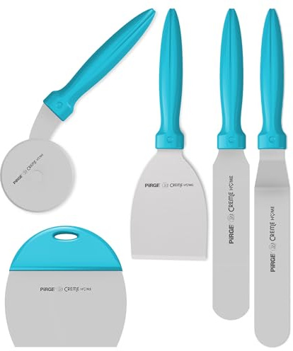 Pirge Cream Home bakverktyg set 5 delar rostfritt stål – vinkelpalett – målpalett – spatel – degskrapa – pizzaskärare – degskärare – pizzarulle – present för hemmet
