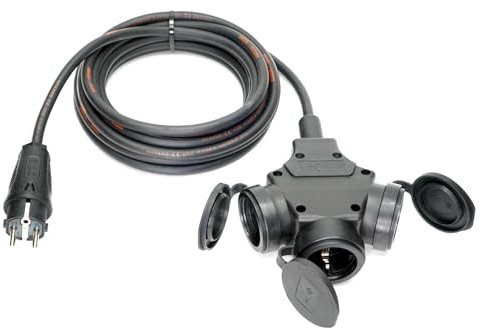 Schuko-Verteilung 3-Fach (1,5m-50m) 16A Verlängerungskabel Titanex H07RN-F 3x1,5mm² mit PCE Stecker und 3er-Kupplung IP44, Business-Line von Event-Kabel (10 Meter)