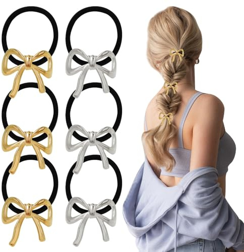 6 Stück Haarbänder mit Schleife in Gold und Silber, Haargummis mit Schleife, goldenes elastisches Haarband, Deko-Accessoires, elegantes Haargummi aus Metall, goldenes Haargummi-Zubehör, silberne