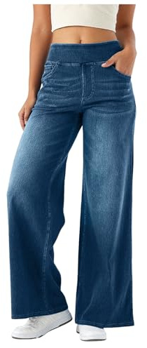 Pull on Wide Leg Jeans for Women UK, High Waisted Stretchy Baggy Trendy Tummy Control Straight Leg Jeans Denim Pants with Pockets（Dark Blue, M