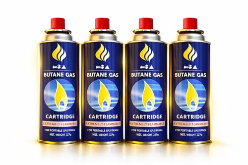 NFK Butane Gas Cartridge 227g for Portable Camping Stove, Cassette Gas Refill Canister, Outdoor Cooking Fuel for BBQ, Picnic, Hiking, Catering Use (4 Gas Canisters Only)