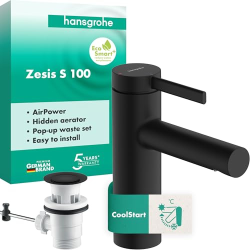 hansgrohe Zesis S - Waschtischarmatur mit Zugstangen-Ablauf, energiesparend (CoolStart), Wasserhahn Bad mit Auslaufhöhe 104 mm, Waschtischmischer wassersparend (EcoSmart+), Mattschwarz, 74720670