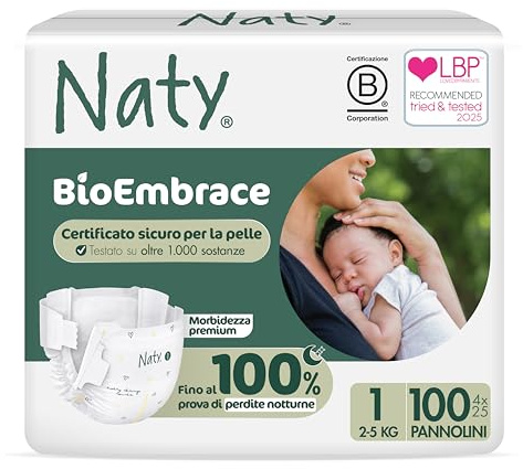 Naty BioEmbrace Baby Windeln für Neugeborene | Zertifiziert hautfreundlich | Bis zu 100% Auslaufschutz | Pflanzenbasiert & weicher Premium-Komfort | Chlorfrei | Größe 1 (2–5 kg), 100 Stück