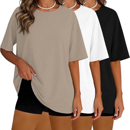 HOPLYNN 3 Pack Women's Oversized T-Shirts Short Sleeve Workout Tops | Loose Fit, Baggy, Casual, Summer, Plus Size, Fashion, Crew Neck, Gym, Going Out, Vacation, 1 Black 1 Khaki 1 White, Large
