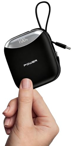 Mini Power Bank mit Kabel, Klein 10000mAh Powerbank 22,5W Schnellladen, mit Integriertem Kabel, Externe Handyakkus USB-C In&Out, Klein Aber Stark für iPhone, Samsung, Android, iPad etc
