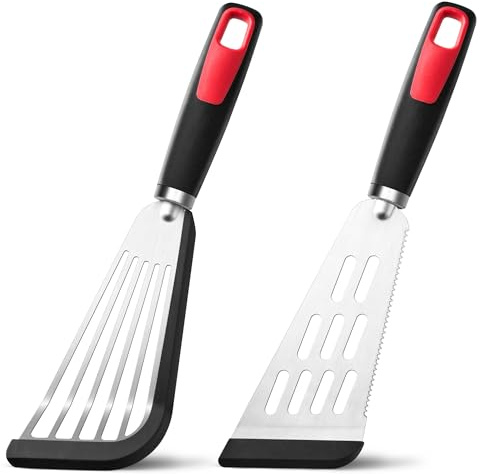 Fish Spatula Turner Set of 2, 600ºF Heat Resistant Silicone Spatulas for Nonstick Cookware, Metal Slotted Spatula with Silicone Edge for Fish, Egg, Pancake, Dishwasher Safe