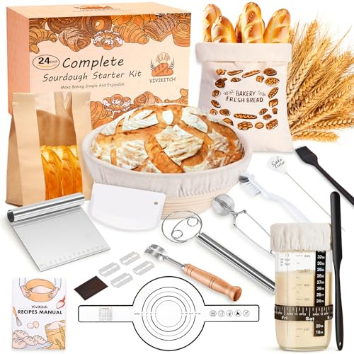 Complete Sourdough Starter Kit - 24 Pieces Yeast Bread Baking Supplies for Modern Kitchen, 9 Round Baskets Bread Proof Banneton Tools for