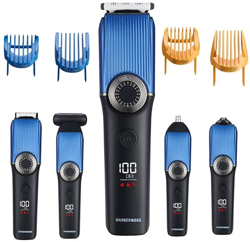 BarberBoss 5-in-1 Schnurloses Fellpflegeset für Männer, Bartschneider, Haarschneidemaschine, Nasen- und Ohrenschneider, Körperpflege, Präzisionszifferblatt, wasserdichte Schermaschine mit