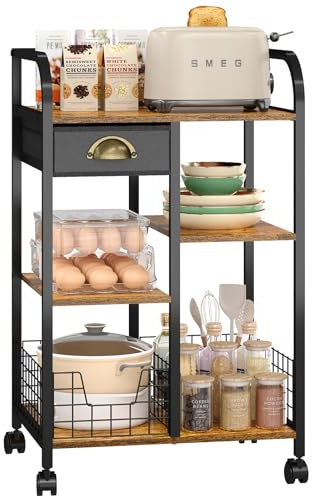 keomaisyto Microwave Cart with Storage, Kitchen Island Cart with Table Top & Drawer, 3 Tier Rolling Utility Cart with Adjustable 2 Storage Shelves, Coffee Bar Shelf for Kitchen/Dining/Living Room