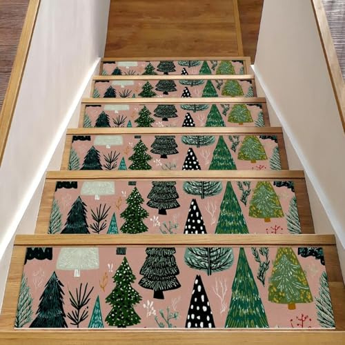 15 gradini per scale da interni con retro antiscivolo, 20,3 x 76,2 cm, per gradini in legno, morbido tappeto per scale per bambini e animali domestici, motivo albero di Natale