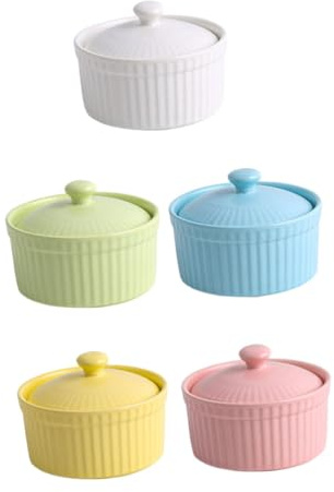 UKCOCO Ciotole da Forno e Ciotole da Dessert in Ceramica Colorata, Set da 5 con Coperchio, Resistenti a Microonde e Forno, per Servire Budini, Preparazioni Soffici e Salse in Cucina Quotidiana
