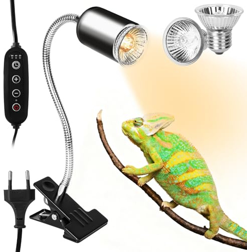LURICO Lampada uvb Tartarughe, Lampada Rettile e Anfibio con 2 Lampadine UVA UVB, Interruttore Timer Regolabile, Lampadina Riscaldante con Morsetto Rotante a 360 ° per Tartarughe Rettili Lucertole