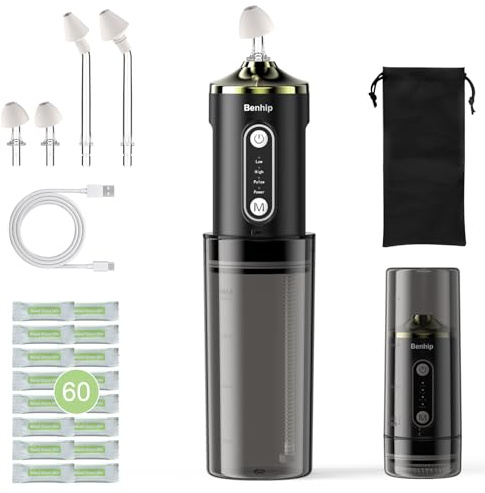 Benhip Electric Nasal Irrigation System Packets, Sinus Rinse, Neti Pot Relief System Portable for Kids/ Adults Cordless Waterproof Nasal Rinse Bottle with 60 Saline Kits Nose Wash Machine Black