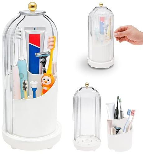 Toothbrush Holder with Cover - 360° Rotating 3-Slot Organizer with Drainage for Bathroom Vanity Counter, Electric Toothbrush Toothpaste & Makeup Brushes Holder