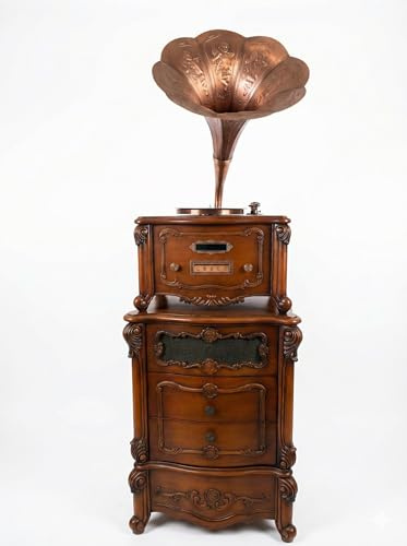 Vintage Classic Gramophone and Radio, Antique Wooden Turntable with Ornate Carved Design