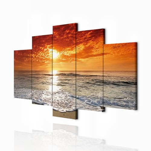 decomonkey Wandbilder Strand Meer 200x100 cm XXL 5 Teilig Leinwandbilder | Bild auf Leinwand, Kunstdruck, Wanddeko, Wohnzimmer, Wanddekoration, Landschaft, Sonnenuntergang