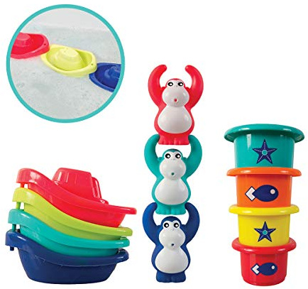 LUDI - Caja de Juego de Agua para divertirse en la Hora del baño. Desde 10 Meses. 3 gorilas Divertidas Que rocían, 4 Barcos y 4 Vasos Nido Perforados. Una Ayuda al Desarrollo de la destreza - 40028