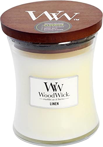 WoodWick Candela profumata Hourglass media con stoppino crepitante | Biancheria | Durata della fragranza: fino a 20 ore