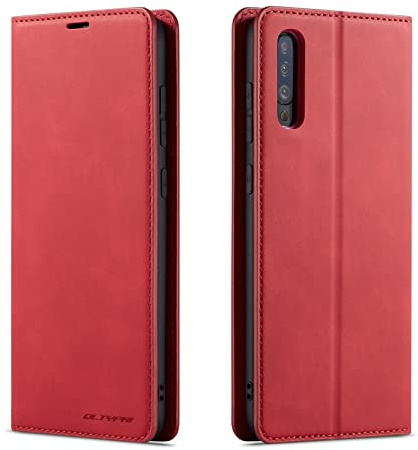QLTYPRI Hülle für Samsung Galaxy A70, Premium Dünne Ledertasche Handyhülle mit Kartenfach Ständer Flip Schutzhülle Kompatibel mit Samsung Galaxy A70 - Rot