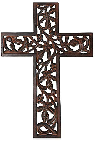 Indus Lifespace Gifts Wandkreuz aus Holz, 30,48 cm lang, hängend mit handgeschnitztem Blumenmuster,leicht (30,48 x 20,32 x 2,54 cm.)