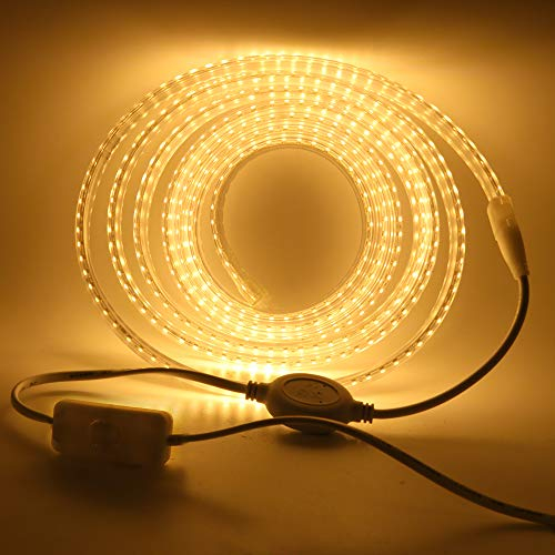 XUNATA LED Strip Streifen mit Schalter, 220V 2835 SMD 120leds/m IP65 Wasserdicht, Kein Bleidraht, Flexibel LED Lichtband Seil Licht Schlauch für Hausbeleuchtung Dekor Bar (Warmweiß, 10M)