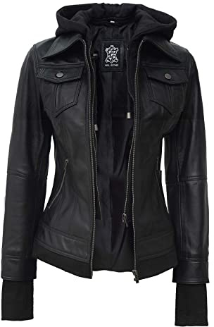 fjackets Leather Jackets For Women - Removable Hood Real Lambskin Leather Jacket Women - Betty Black Hooded Jacket | [1309193] M