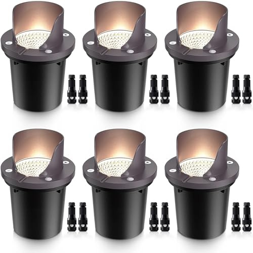 SUNVIE 12W Low Voltage Landscape Lights Waterproof Outdoor In-Ground Lights Shielded LED Well Lights 12V-24V Warm White Landscape Lighting for Pathway Garden Fence Deck, 6 Pack with Wire Connectors