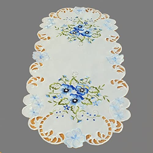 Tischdecke Tischläufer Mitteldecke Deckchen Kissenhülle Frühling Bestickt mit Stiefmütterchen in blau hellblau auf cremefarbigem Untergrund (40 x 90 cm)