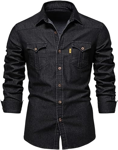 SSBZYES Chemise à Manches Longues pour Hommes - Slim Fit Cardigan en Jean Couleur Unie - Revers Tops Hauts Printemps, Bleu Marine