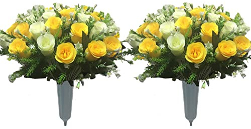 Gritech Silk Flowers Cemetery Roses Artificial for Graves & Memorials- Arrangements Headstones- Lifelike, Florist-Arranged Bouquet (Yellow/White, 2)