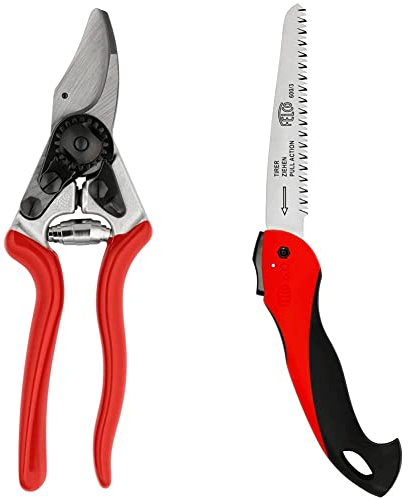 FELCO Gartenschere für Linkshänder Nr. 16 (kompakte Baumschere, Schnitt-ø 20 mm, Länge 195 mm) & 600 Säge (Sägeblatt 16 cm, Klappsäge Schnitt-ø 50 mm, Länge 350 mm, ziehender Schnitt)