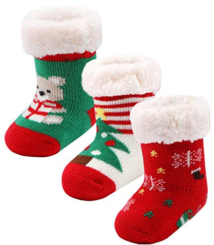 Wobon 3 Pairs Toddler Girl Boy Sherpa-lined Fuzzy Socks Anti Skid with Grips, Baby Girl Boy Christmas Socks Kids Slipper Socks (3 Pairs Christmas B, 2-3 Years)