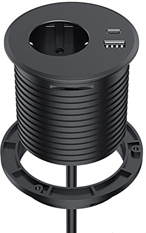Einbausteckdose mit USB, Dinolink Steckdose Schreibtisch für 80mm Tischloch, Tischsteckdose ausgestattet mit 1 Schuko, 1 USB-A Anschluss, 1 USB-C Anschluss und 2m Netzkabel, Schwarz