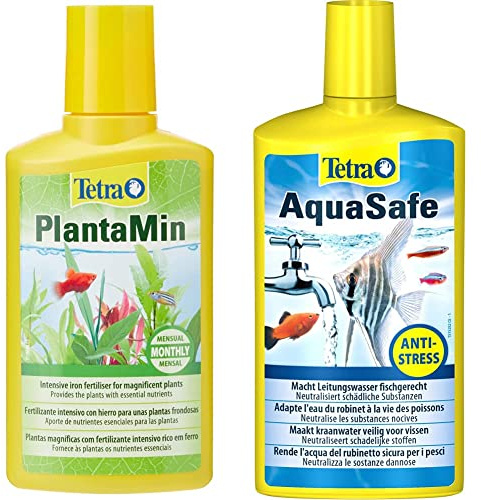 Tetra - Fertilizante mensual PlantaMin para plantas de acuario frondosas y verdes, 250 ml & AquaSafe 500 ml Agua del grifo segura para los peces