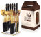 Cutlery Set, 24-Piece Home Safety Stainless Steel Silverware Set with Stand, Mirror Polishing Flatware Set Service for 6, Includes Knives, Forks, Spoons (Black-Gold)