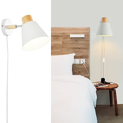 Hefoklu White Plug in Wall Sconces with Switch for Bedroom, Modern Rotation Wall Lamps Up Down E27 Mounted Fixture Wood Metal Lighting Bedside Reading Lights for Kids Bedroom, Living Room
