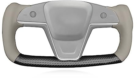 MEWANT Handgenähte graue Lenkradhülle aus echtem Leder und matter Kohlefaser für Tesla Yoke Model S Plaid 2021–2023/Modell X 2021–2023, Lenkradzubehör für Tesla Yoke