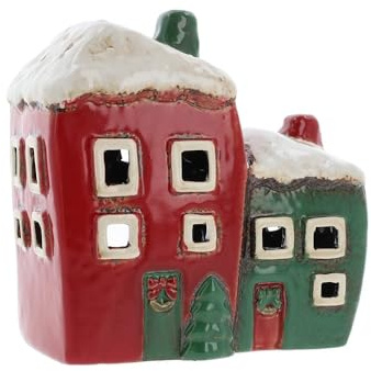 Village Pottery Weihnachts-Teelicht, 2 Häuser, Rot/Grün
