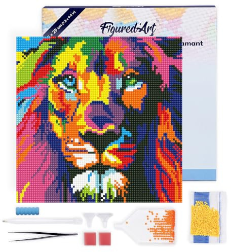 Figured'Art Mini Diamond Painting Erwachsene 25x25cm Mit Rahmen Ganze Leinwand gespannt Löwe Pop Art 5D Bilder Runde Steine - DIY Set Basteln