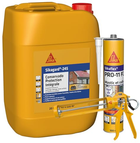 SIKA - Protection hydrofuge tout en 1 - Pour façade, toiture, terrasse et sol - Prêt à l'emploi - 20L + Mastic-Colle PU - Tout en 1 - Multi-matériaux - Int/Ext - Blanc- 300ml + Pistolet d'application