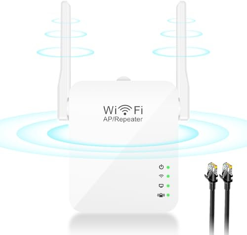 WiFi Extender Booster 300Mbps Wireless Internet 2.4GHz with Long Range High Gain 2 Antennas WiFi Repeater Fast Speed Signal Amplifier with RJ45 Cable, Access Point, WPS, USB & LAN, Easy Setup - white
