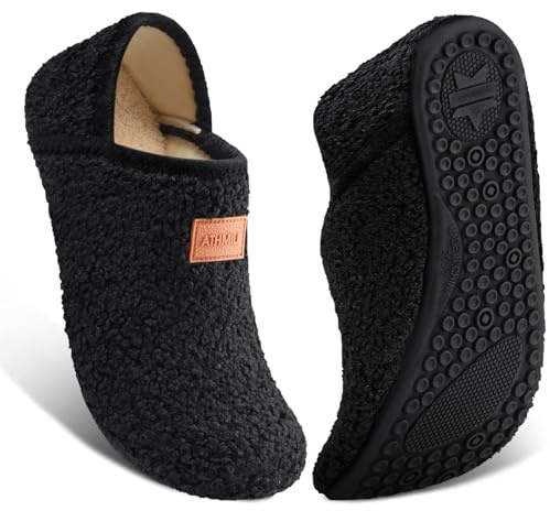 ATHMILE House Slippers for Women Men Indoor Barefoot Slippers Socks Furry Slip on House Shoes Cozy Comfy for Home Bedroom Travel Yoga Women 9-10 Black