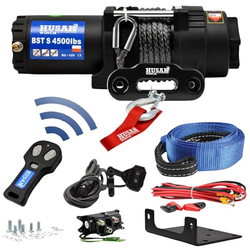 Husar Winch Elektrische Seilwinde 12V, 4500 lbs | 2041 kg, Synthetikseil 12 m, 3-stufiges Planetengetriebe,Funkfernbedienung,Automatische Bremse,Montagesatz – ideal für ATV/UTV + KOSTENLOSER BERGEGURT