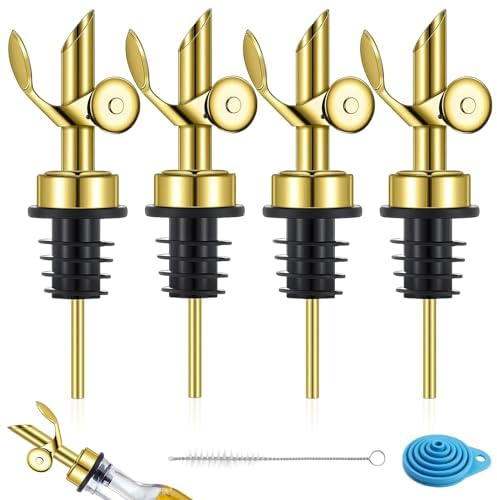 GZLFH 4 Stück Ausgießer, Flaschenausgießer mit Reinigungsbürste und Silikontrichter, Schnapsausgießer für Olivenöl Flüssiger Essig Wein Schnaps Sirup (Gold mit Deckel )